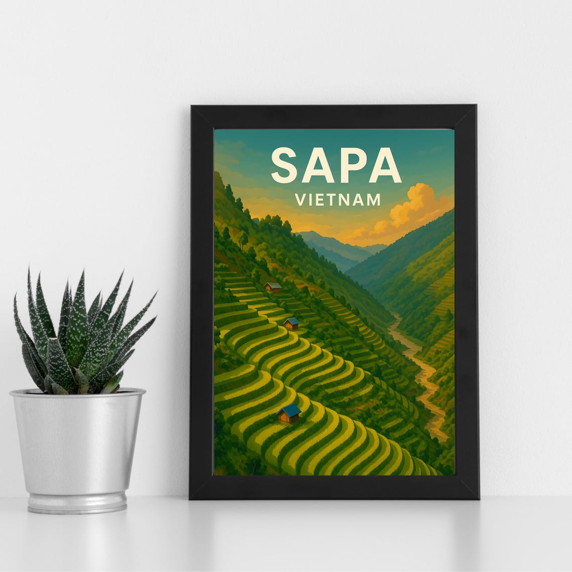 Sapa Vietnam Rice Terraces Mountain Valley Retro Travel Poster