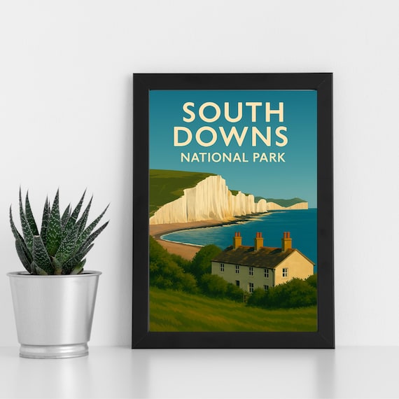South Downs National Park White Cliffs Vintage Travel Poster
