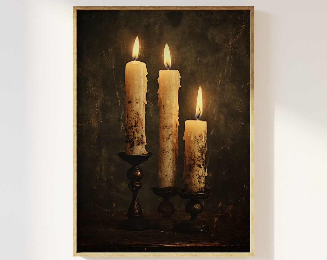 Three Flickering Candles, Moody Vintage Art Print