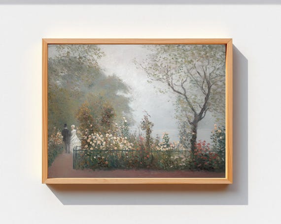 Victorian Couple Art Print Romantic Rose Garden Impressionist Style Painting Vintage Botanical Artwork