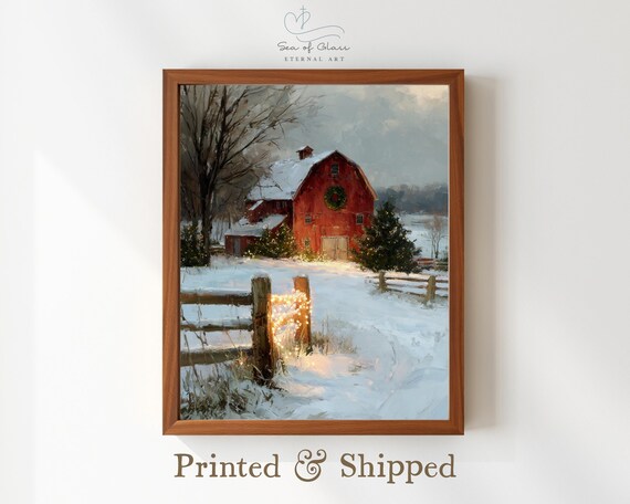 Red Barn Christmas Snow Painting Poster Winter Farmhouse Wreath Art