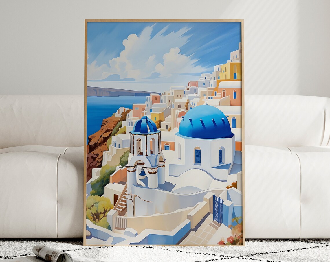 Santorini Blue Domes Church Painting Oia Caldera View Art Poster