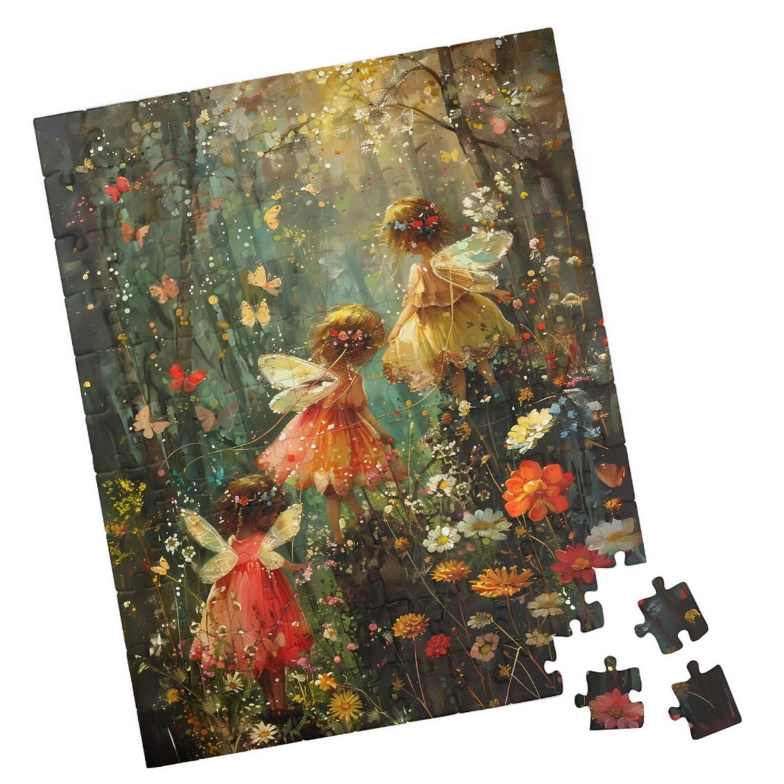 Three Woodland Fairies in a Flower Forest Watercolor Art Poster