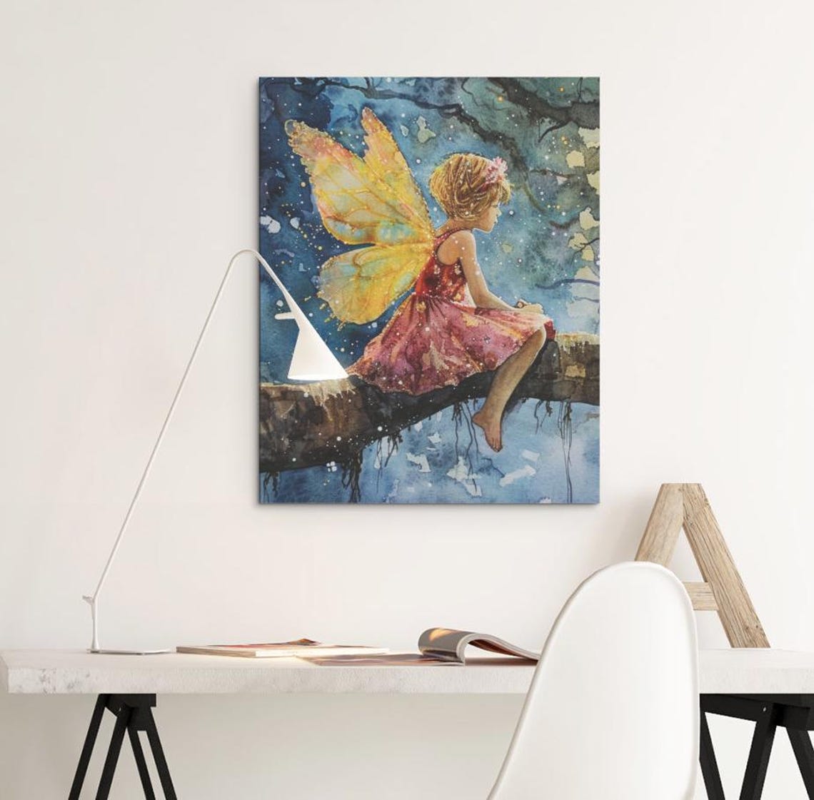 Twilight Fairy with Golden Wings Sitting on a Tree Branch Poster