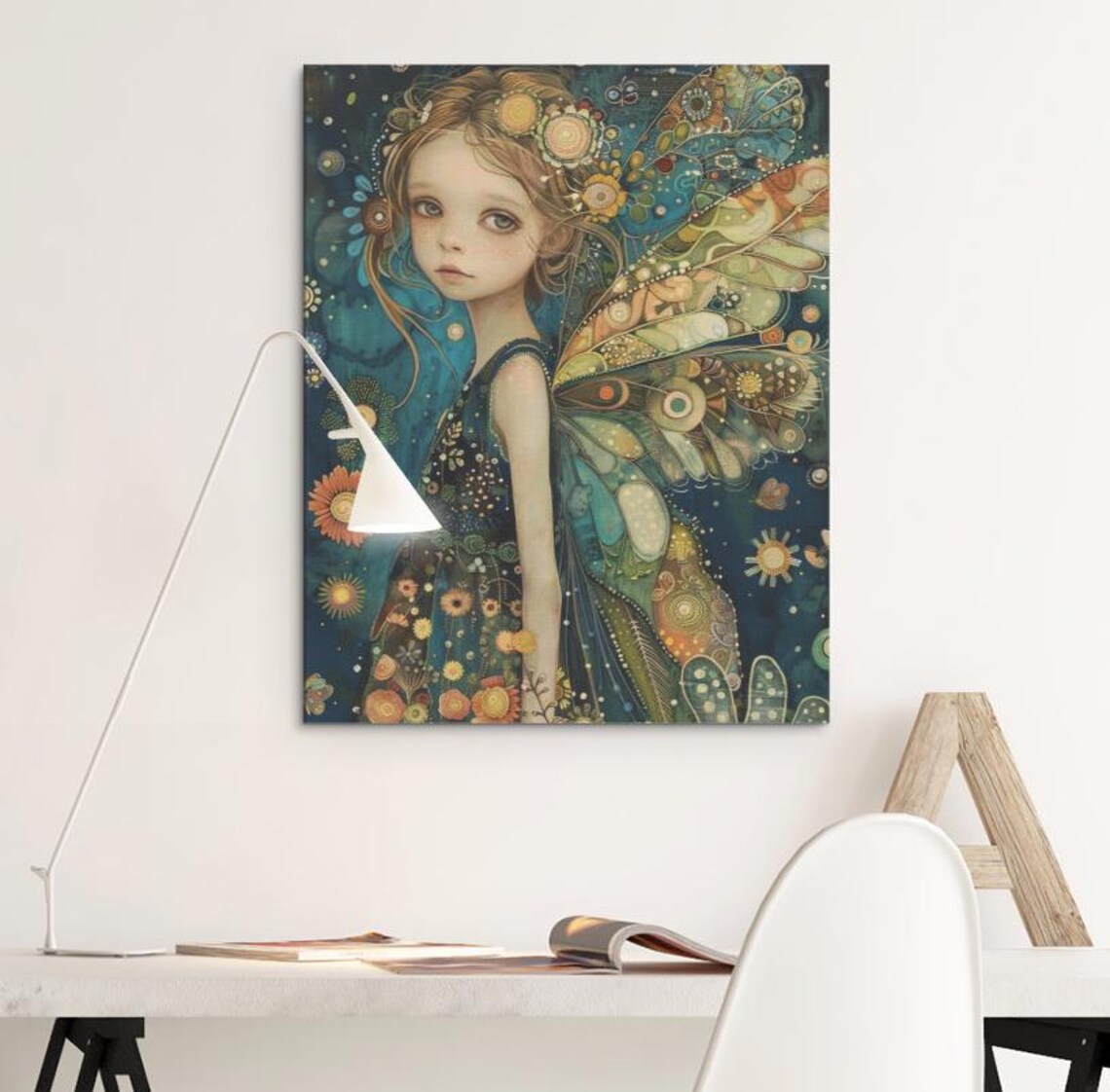 Sweet Fairy Girl With Patterned Butterfly Wings In Teal Floral Art Poster