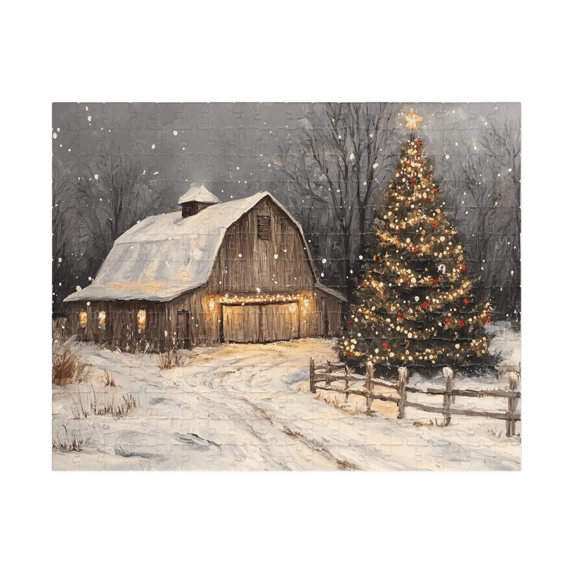 Snow Covered Barn Beside A Glowing Christmas Tree Winter Night Print - Image 3