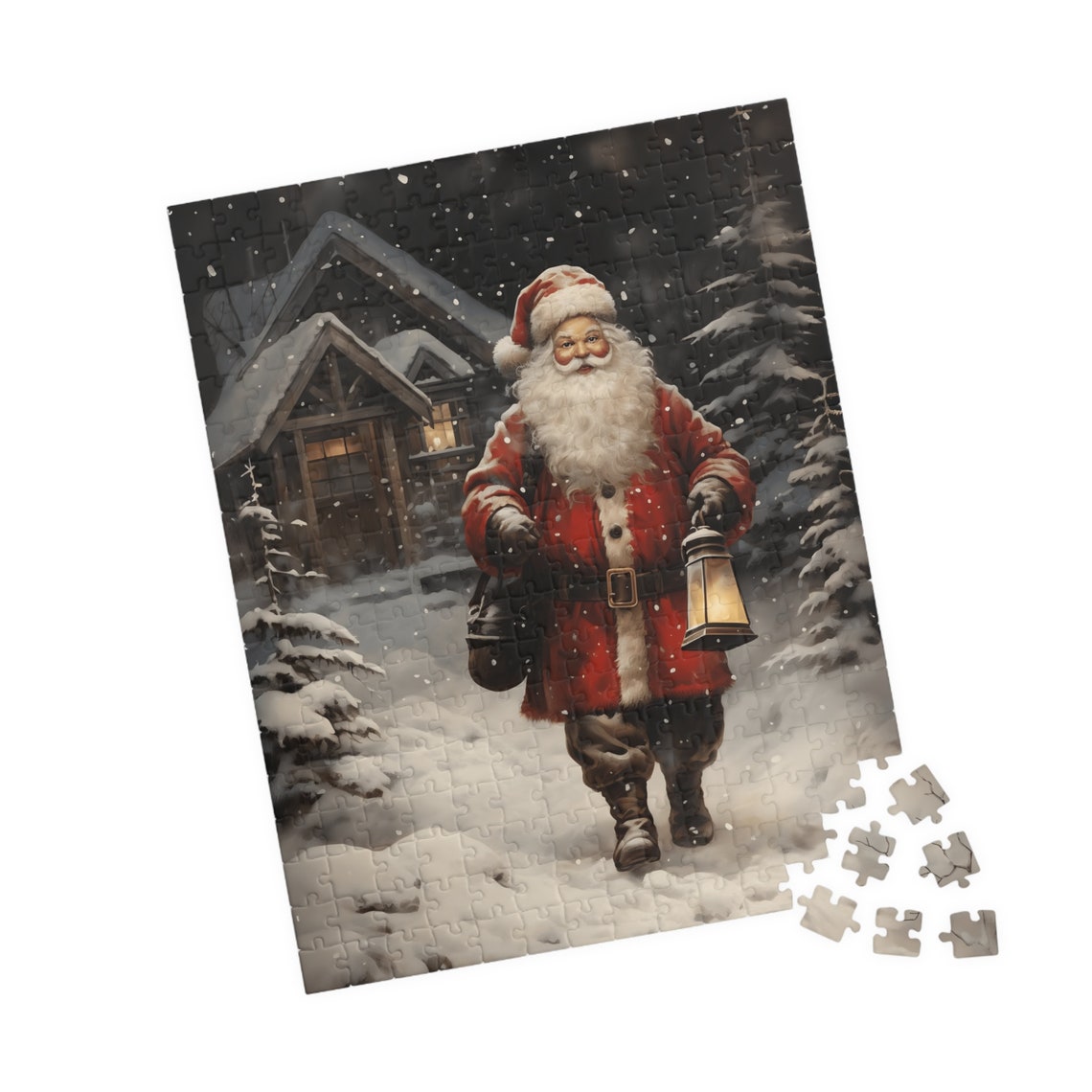 Santa Claus Walking in Snow With Lantern by Cozy Cabin at Night Poster - Image 4