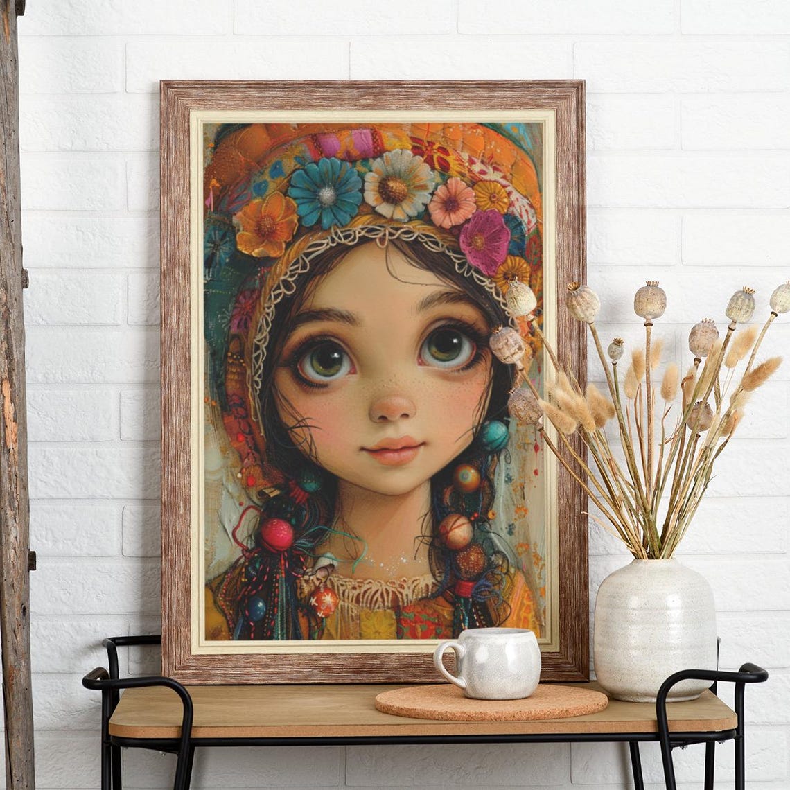 Charming Big-Eyed Girl Wearing a Colorful Floral Headscarf Poster
