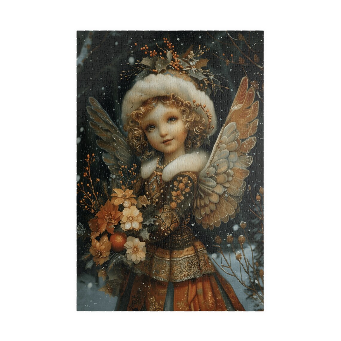 Classic Winter Angel Child in Fur Hood Holding Golden Flowers Poster - Image 3