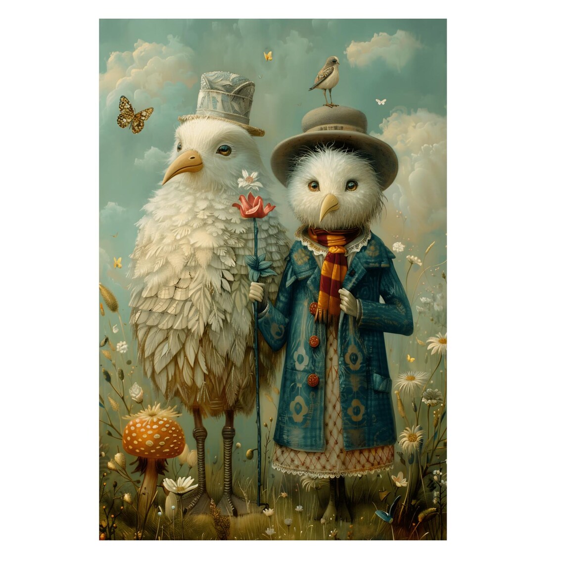 Two Fancy White Birds in Victorian Clothes in Wildflower Meadow Poster