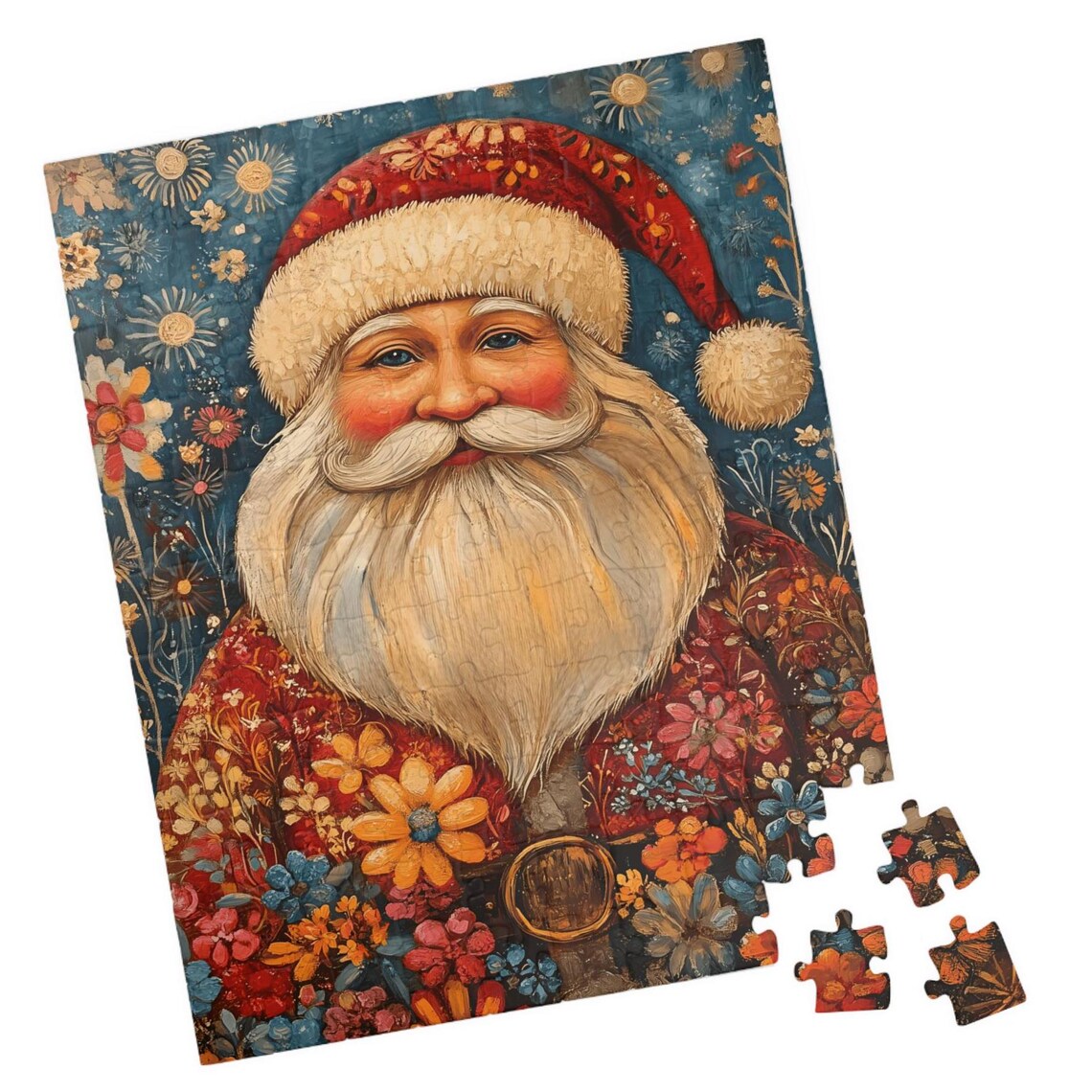 Scandinavian Santa Folk Art Portrait with Floral Red Coat Art Print