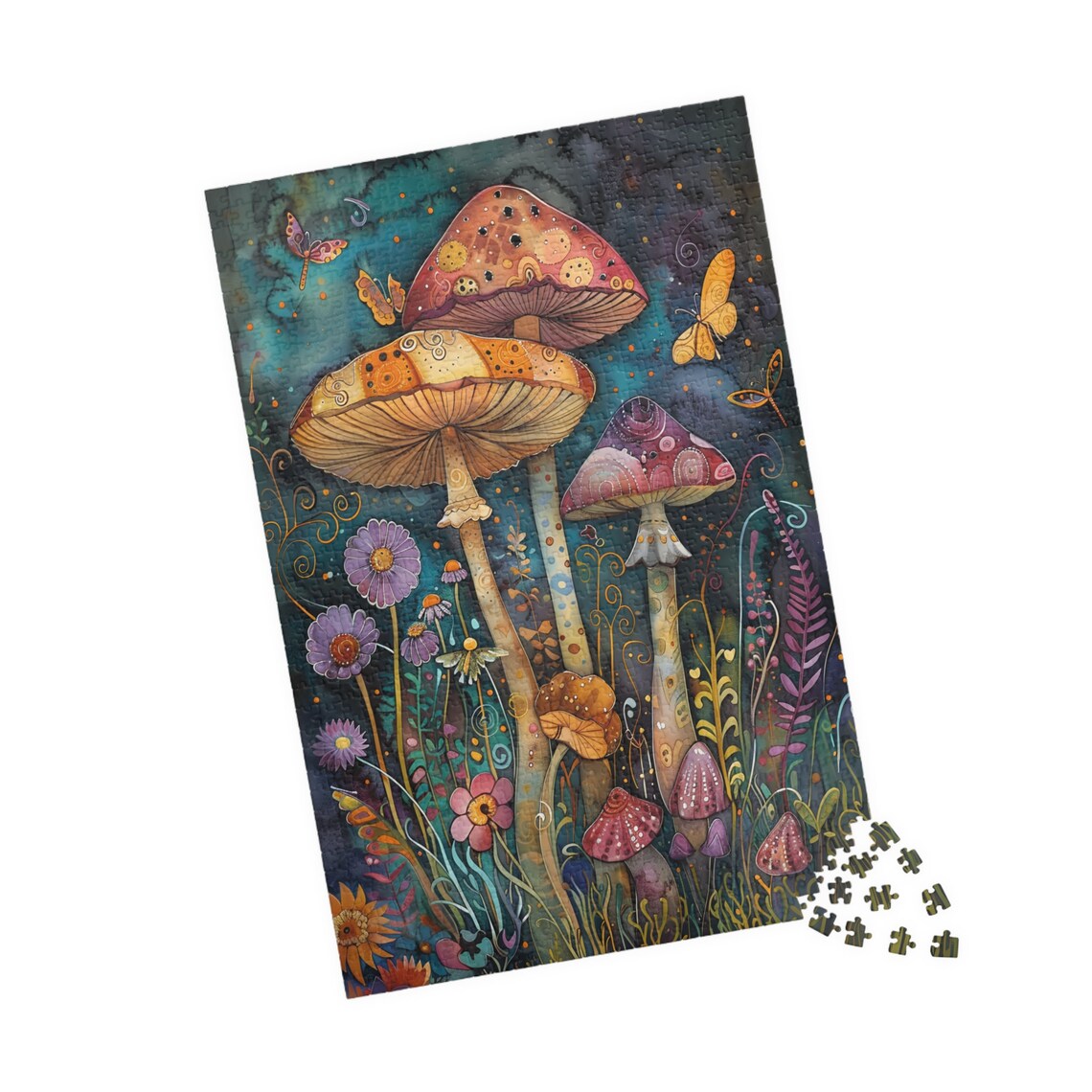 Whimsical Watercolor Mushroom Garden with Butterflies Night Poster - Image 4