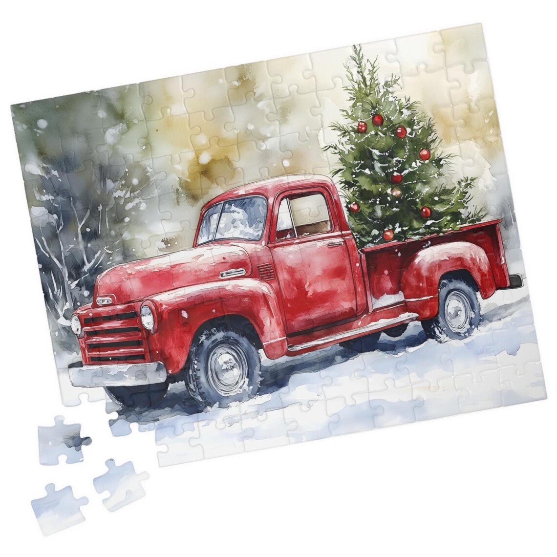 Vintage Red Pickup Truck Carrying A Christmas Tree In Snow Art Print