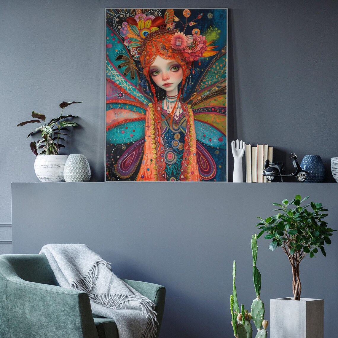 Fairy Portrait With Ornate Orange Wings Floral Crown Art Poster - Image 2