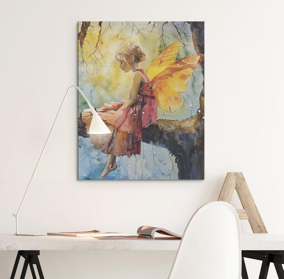 Twilight Fairy with Glowing Wings Resting on a Tree Branch Poster