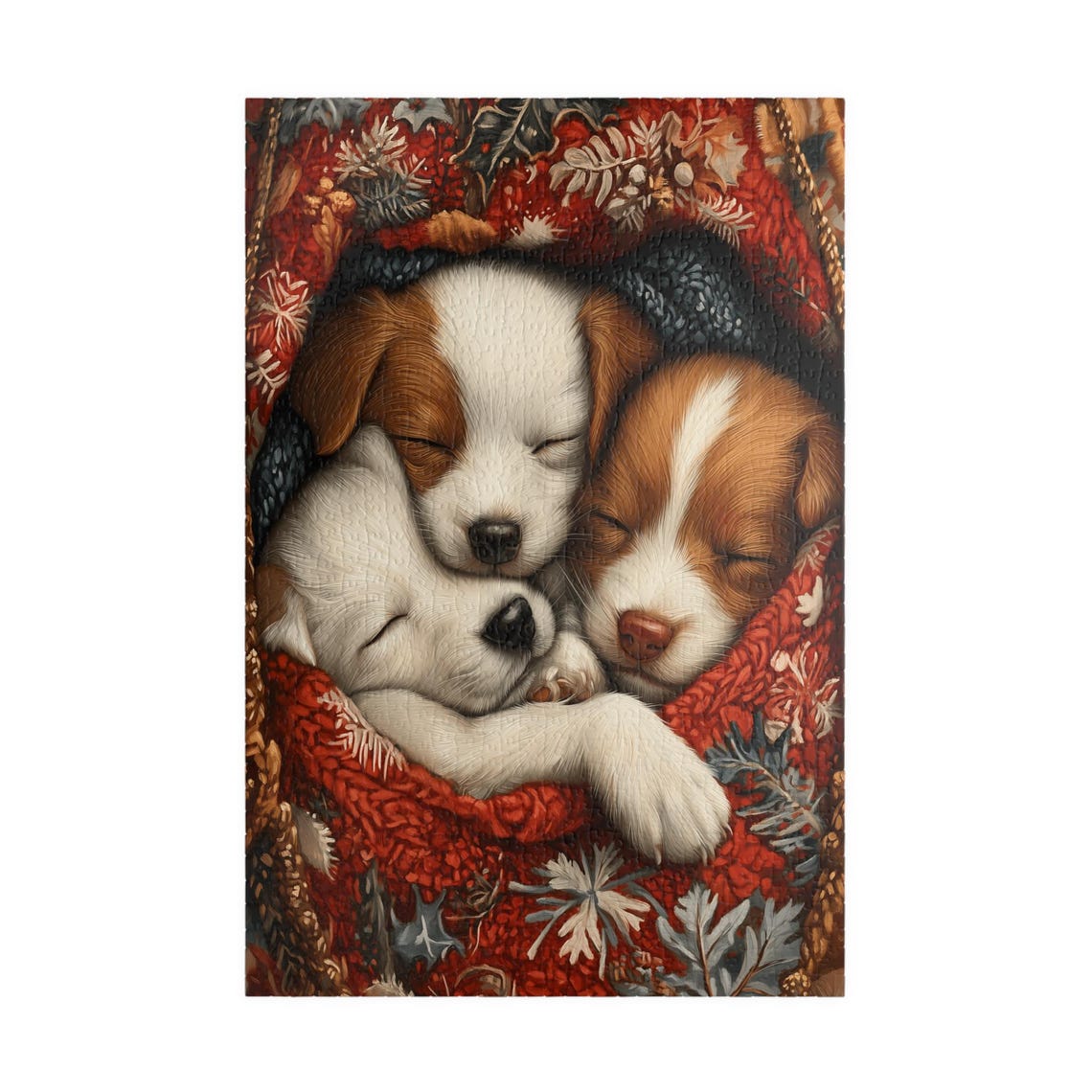 Three Sleeping Puppies in a Red Floral Blanket Cute Dog Art Poster - Image 4