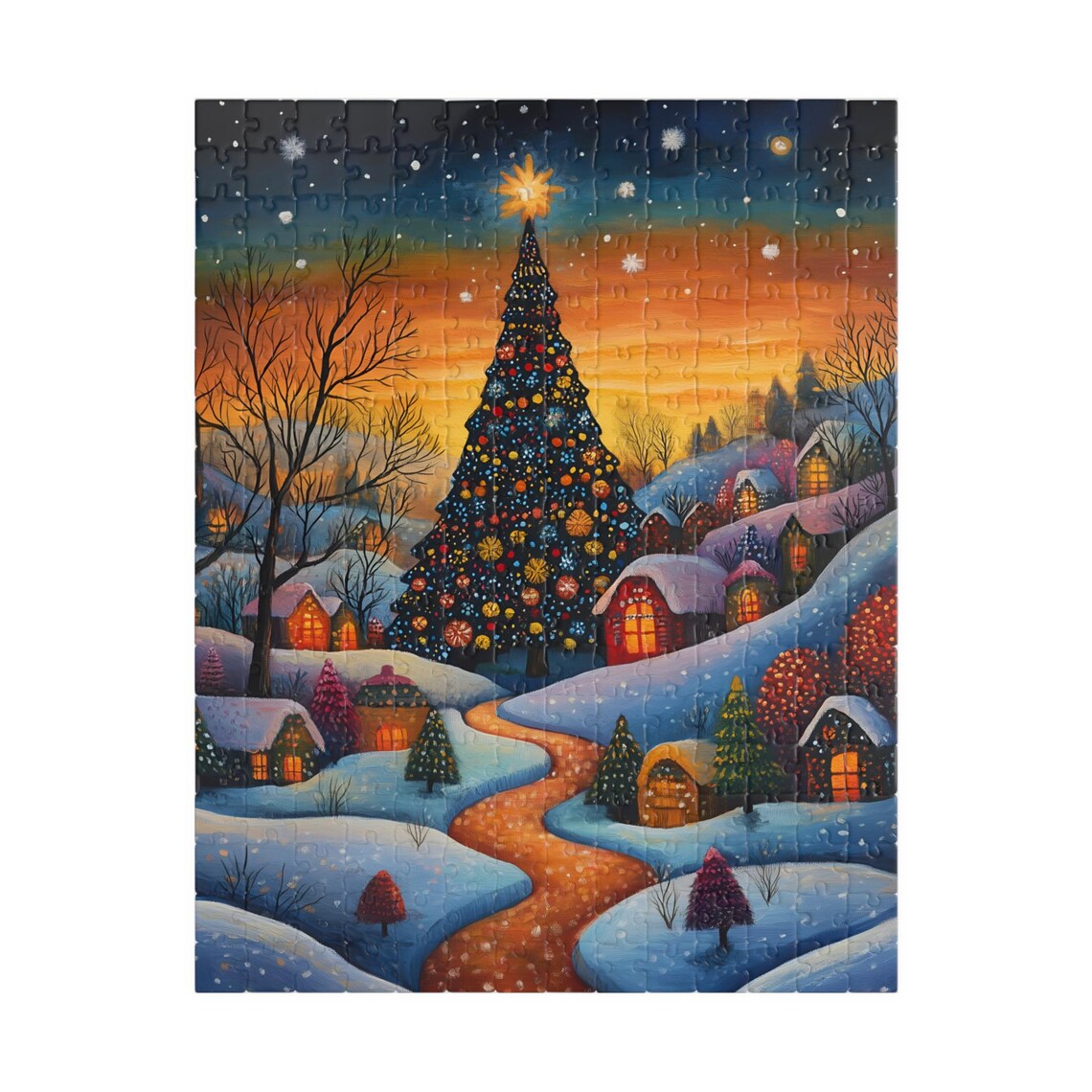 Folk Art Christmas Village With Giant Tree at Sunset Snow Night Poster - Image 5