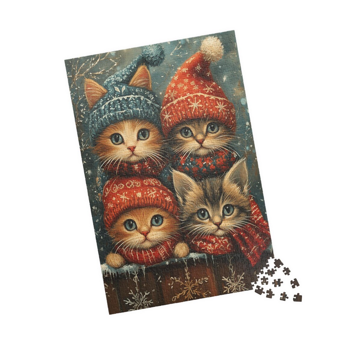 Four Cute Kittens in Knit Hats and Scarves on Snowy Fence Cat Poster - Image 4