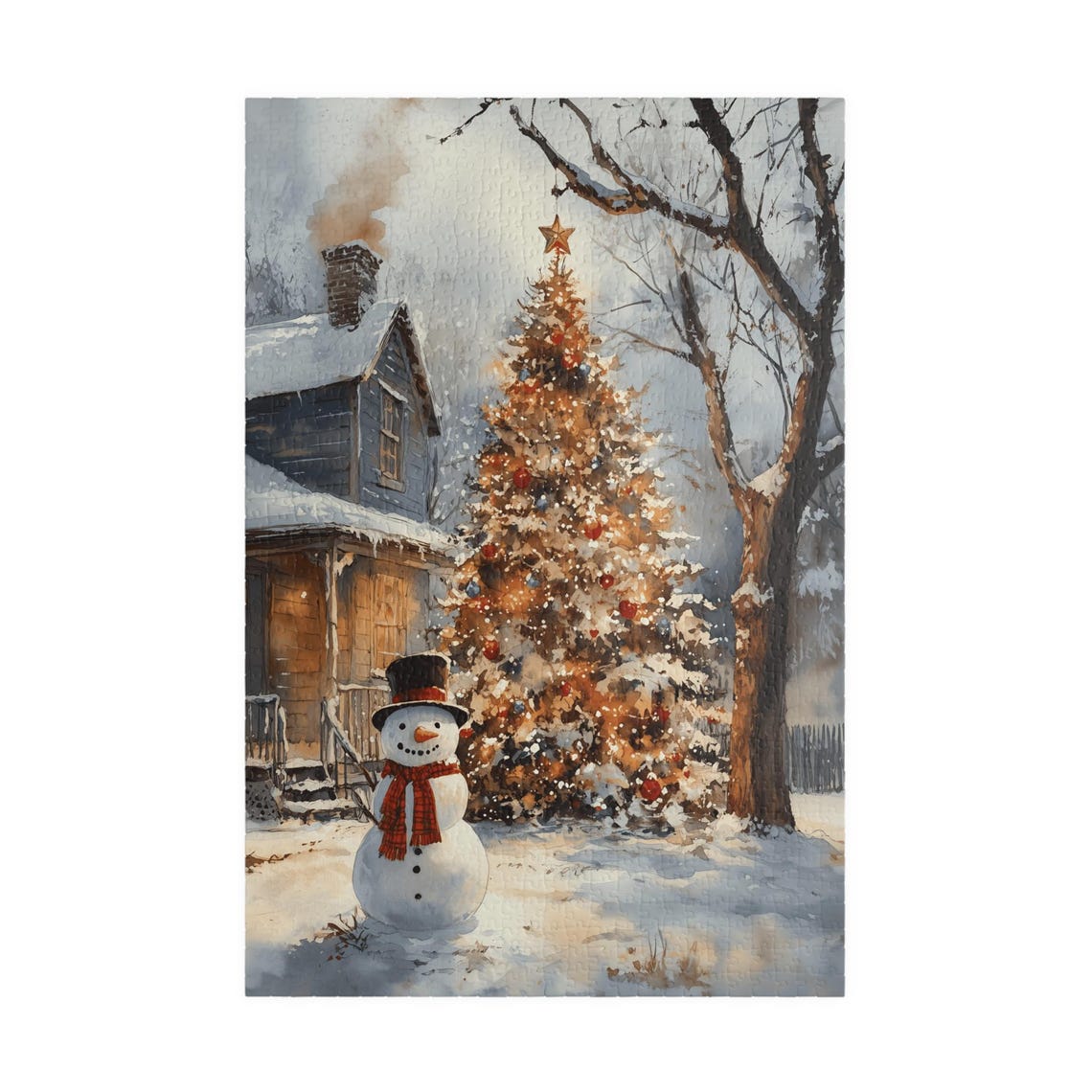 Snowman By A Glowing Christmas Tree Near A Snowy Cabin Art Print - Image 3