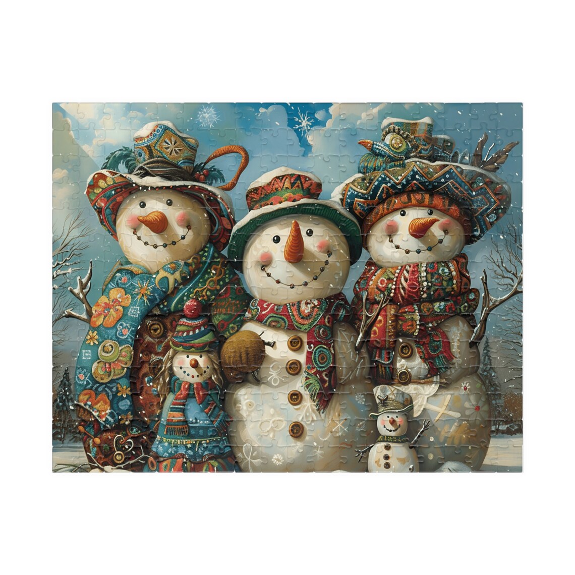 Whimsical Snowman Family Portrait in Patterned Hats and Scarves Poster - Image 5