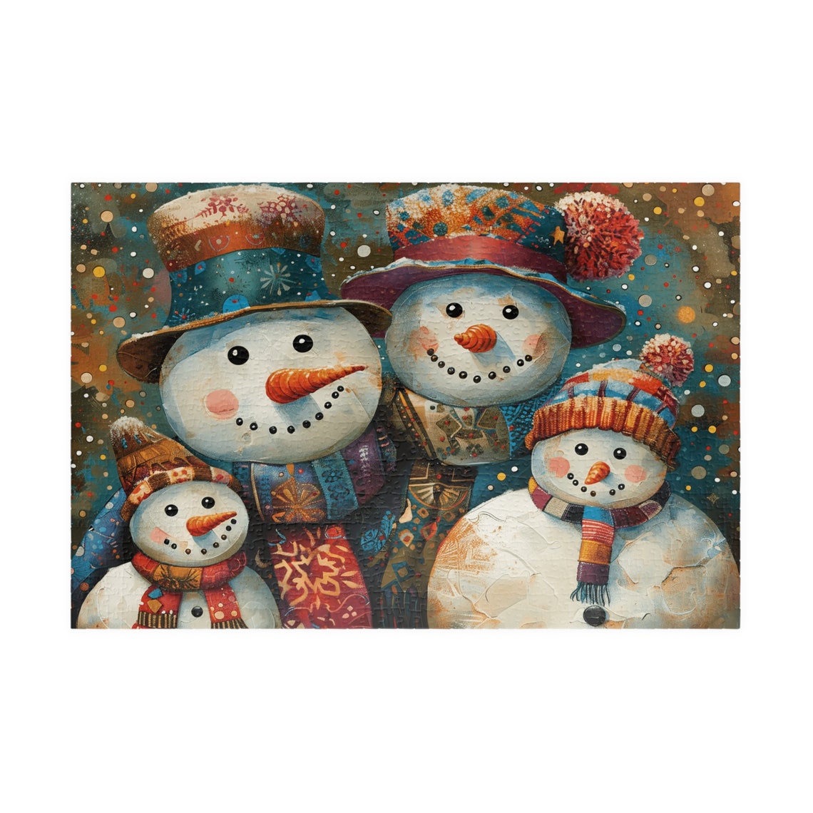 Four Happy Snowmen Family In Patterned Winter Hats Art Poster - Image 3