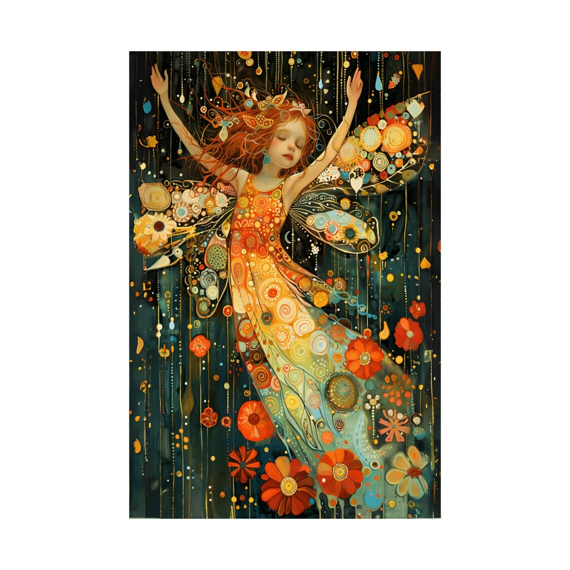 Vibrant Fairy Girl Mosaic Flower Dress Teal Fantasy Art Poster