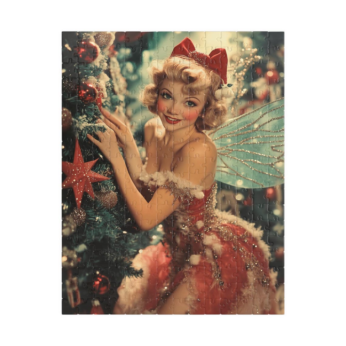 Pretty 1950s Style Christmas Fairy Decorating Tree Retro Art Poster - Image 5