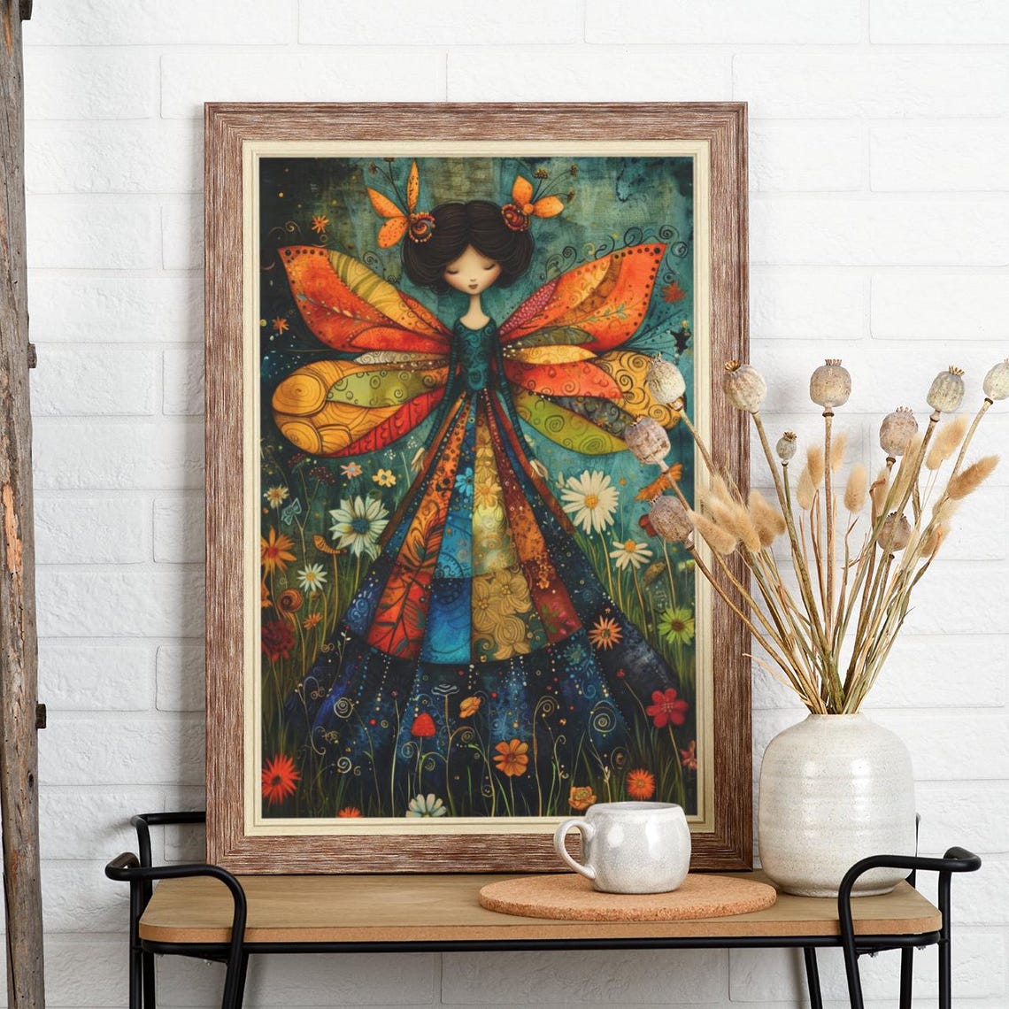 Serene Patchwork Butterfly Fairy Folk Art Framed Painting Poster