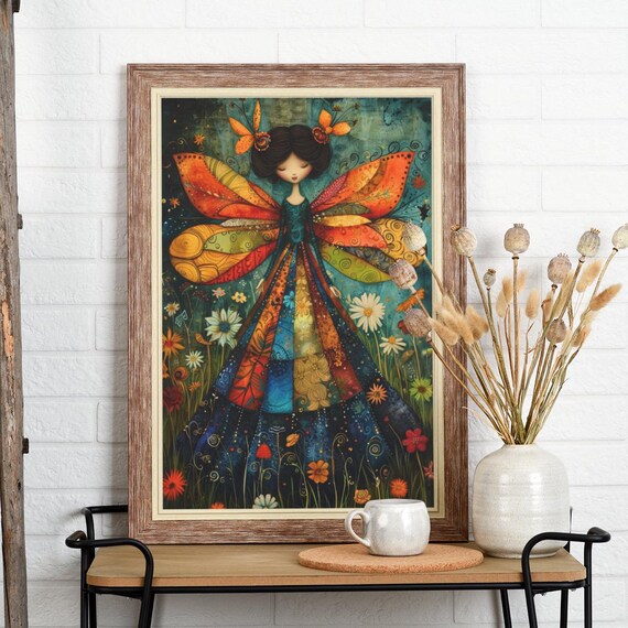 Serene Patchwork Butterfly Fairy Folk Art Framed Painting Poster