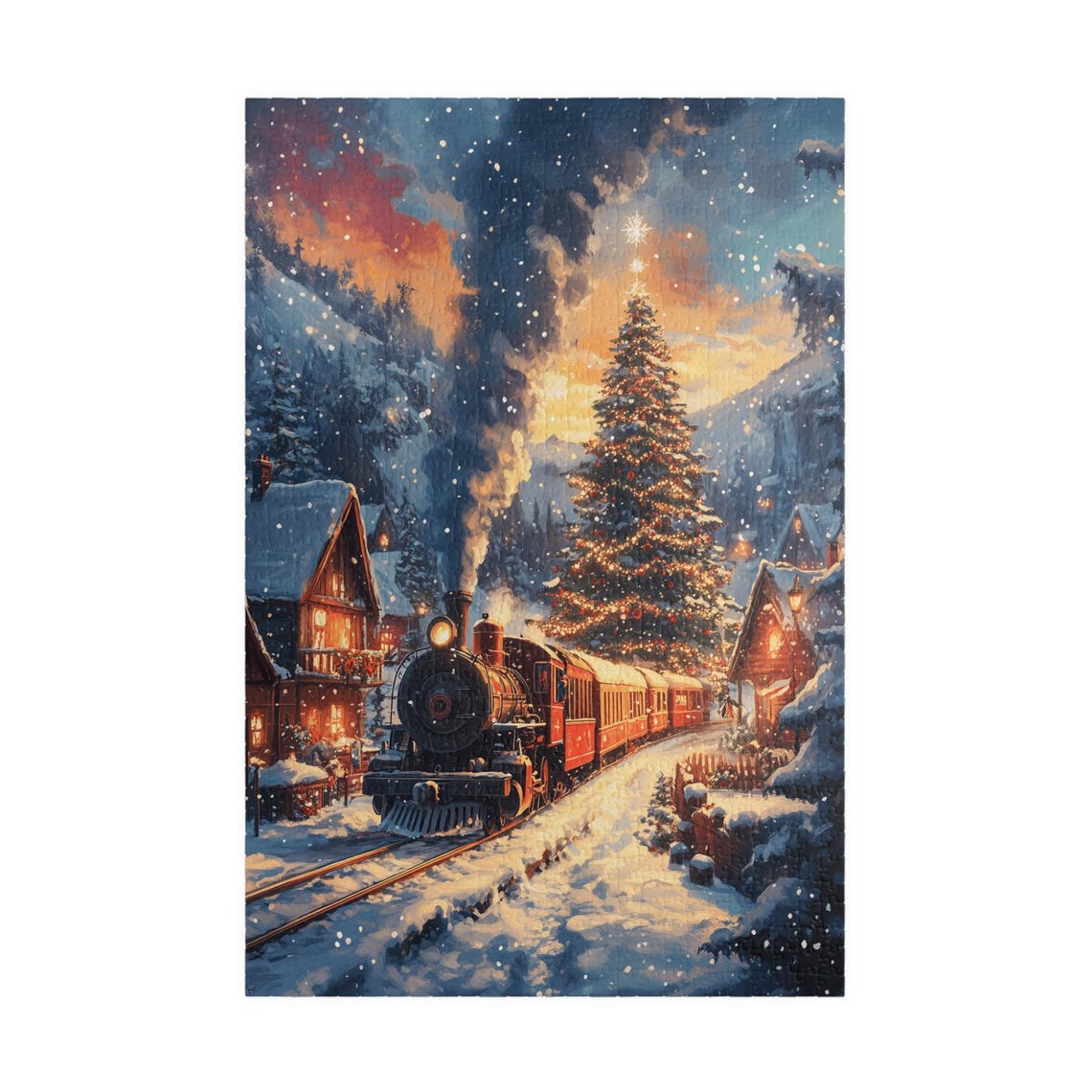 Christmas Village Steam Train at Sunset by Glowing Holiday Tree Poster - Image 3