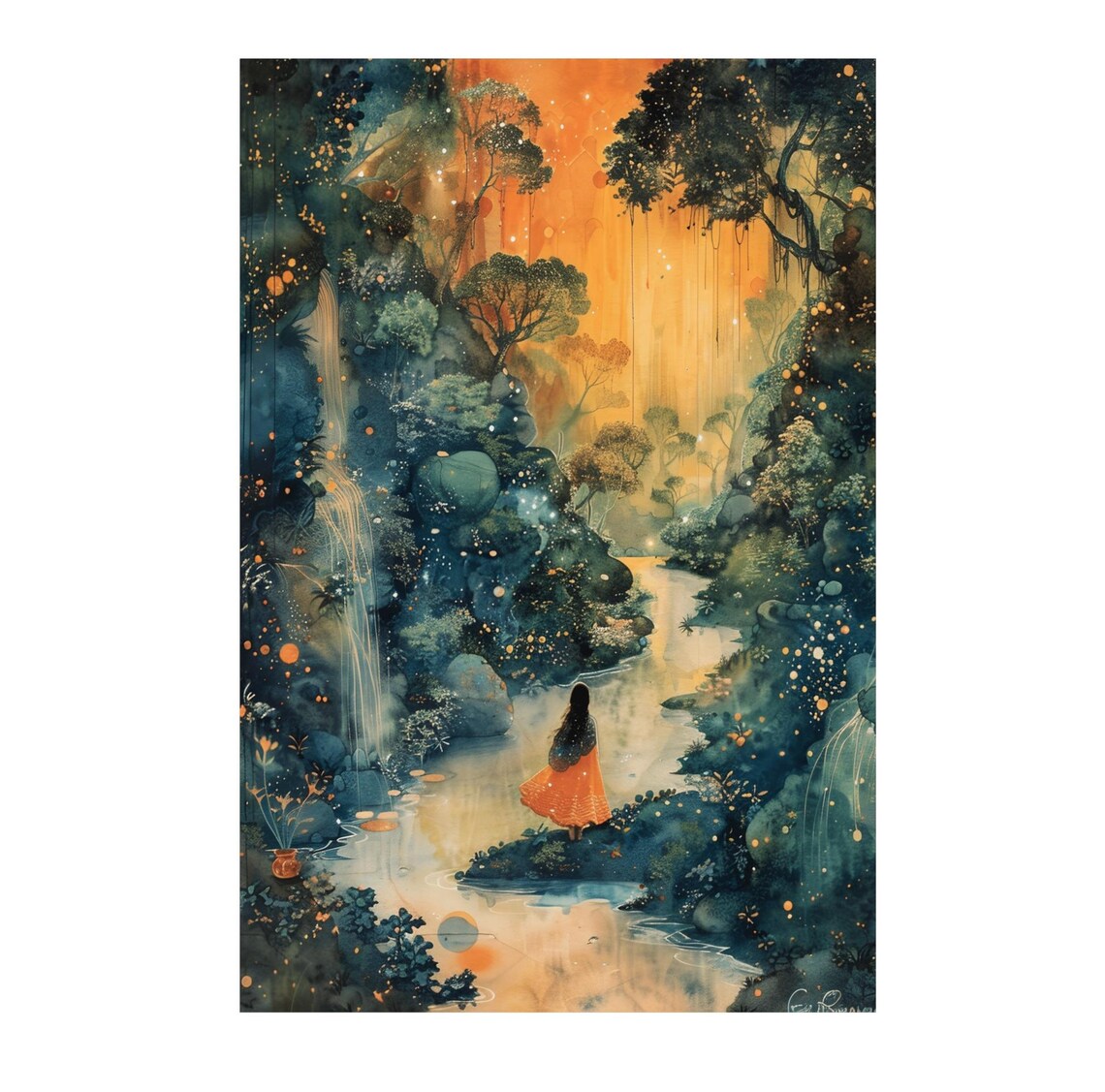 Woman in Flowing Orange Dress by a Glowing Forest Waterfall Poster - Image 4