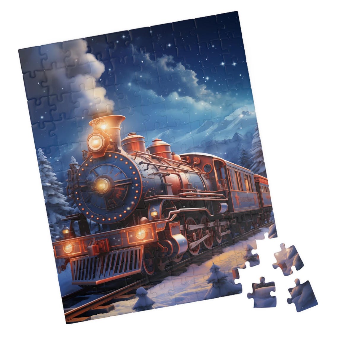 Glowing Copper Night Steam Train Rolling Through Snow Poster
