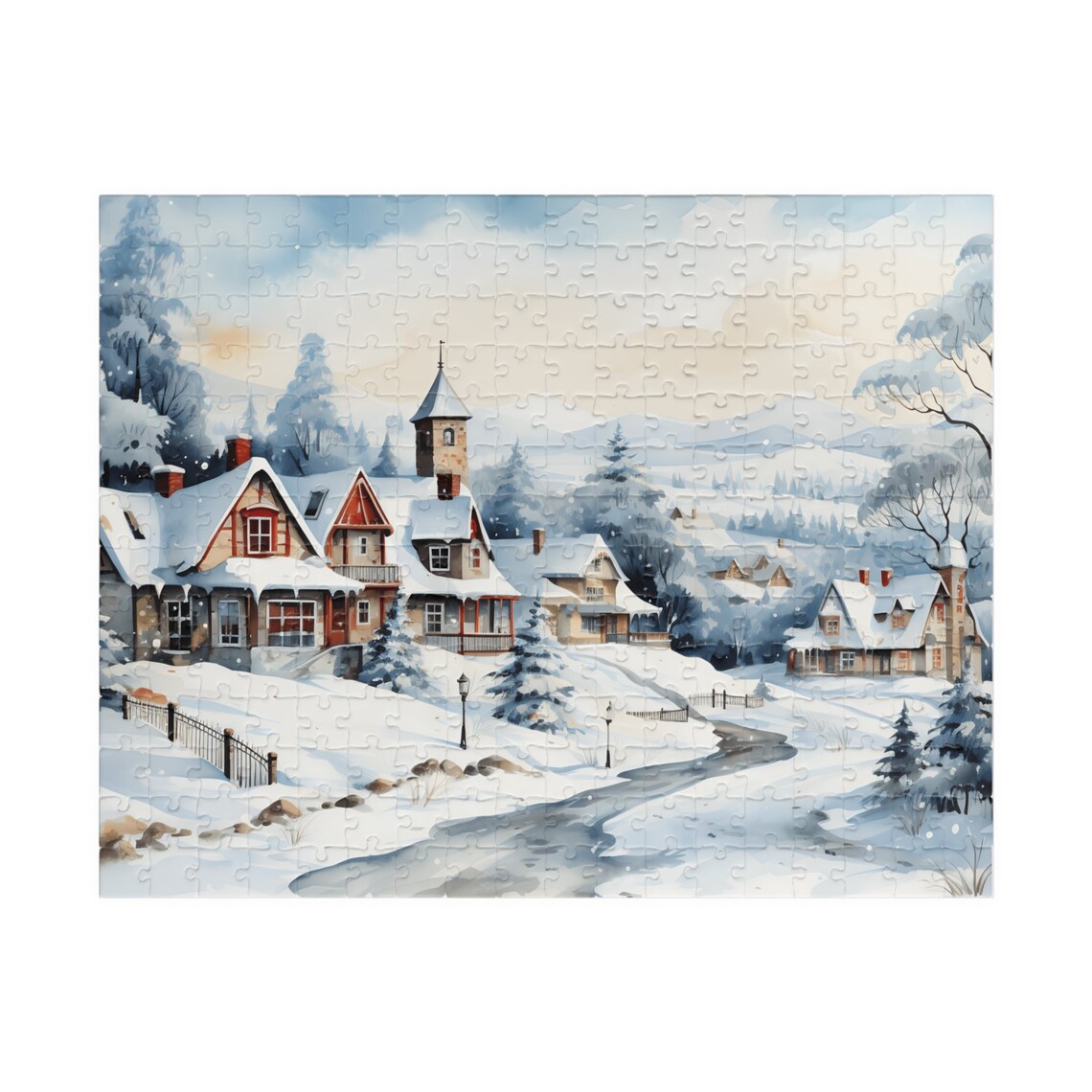 Snowy Suburban Street Watercolor Winter Village Calm Scene Poster - Image 4