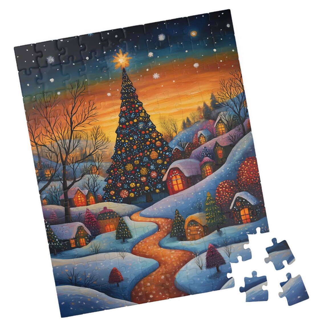 Folk Art Christmas Village With Giant Tree at Sunset Snow Night Poster