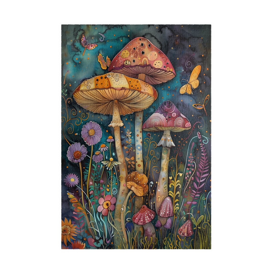 Whimsical Watercolor Mushroom Garden with Butterflies Night Poster - Image 3