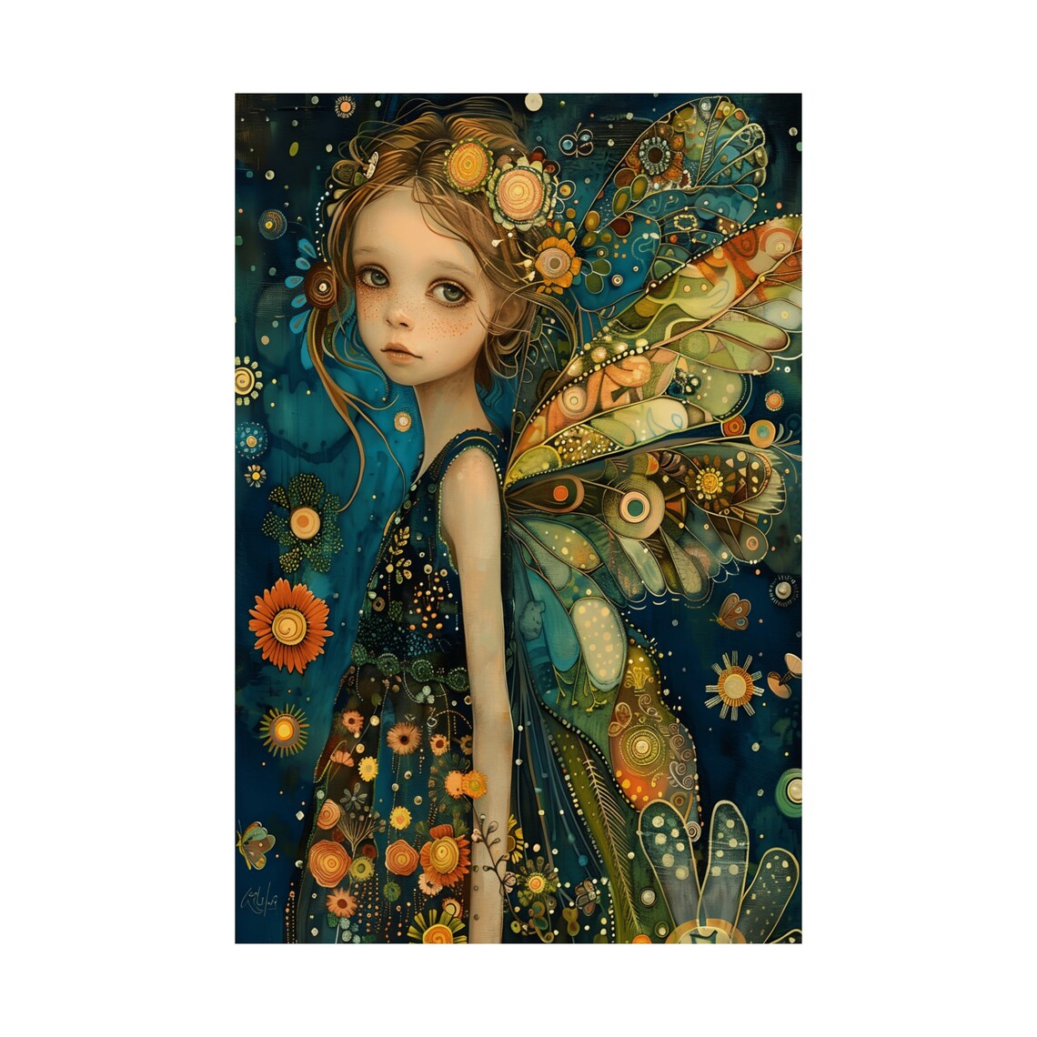 Sweet Fairy Girl With Patterned Butterfly Wings In Teal Floral Art Poster - Image 3
