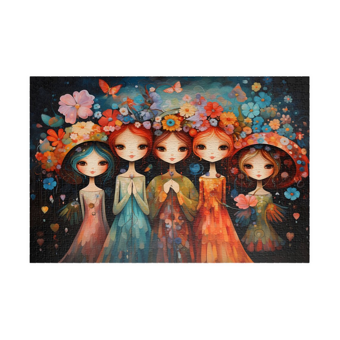 Five Whimsical Flower Girls in Colorful Gowns and Floral Crowns Print - Image 3