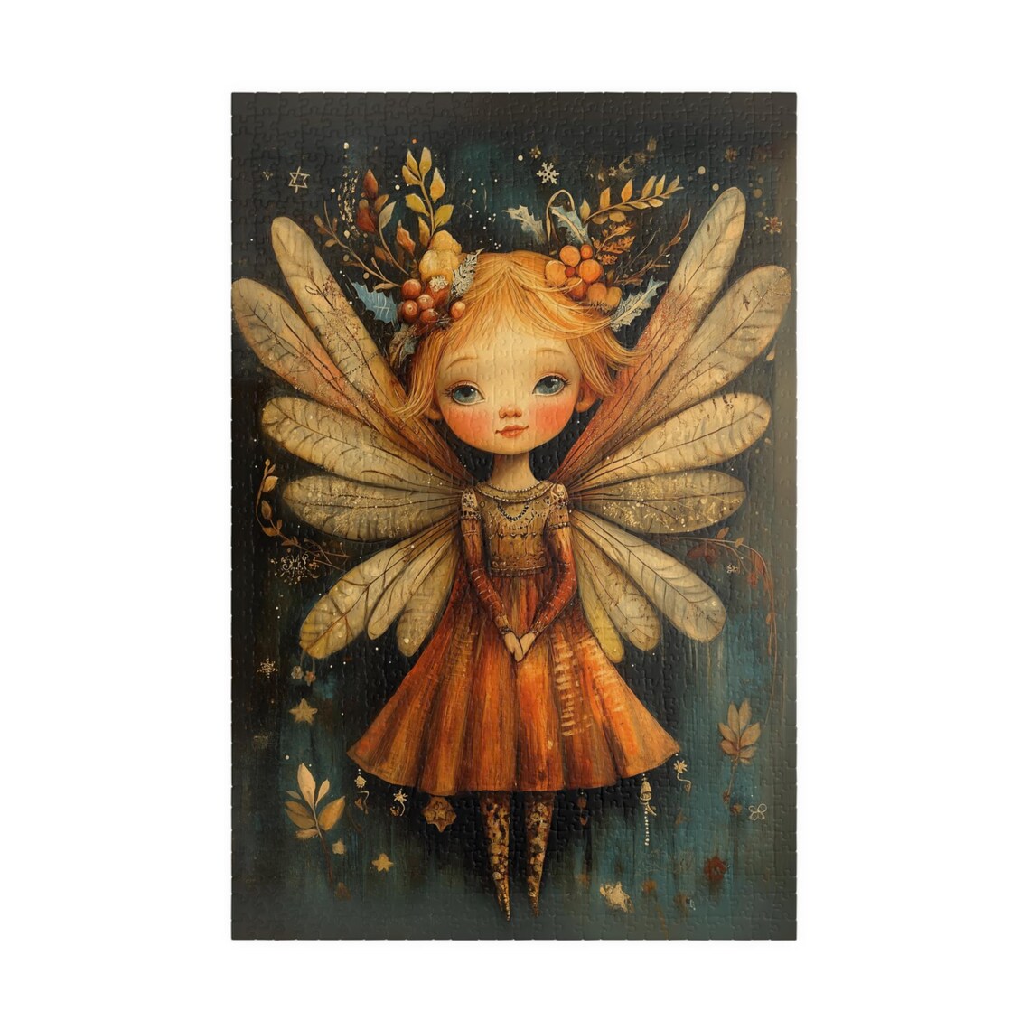 Elegant Fairy Berry Crown Pale Wings Dark Snowy Night Poster - Image 3