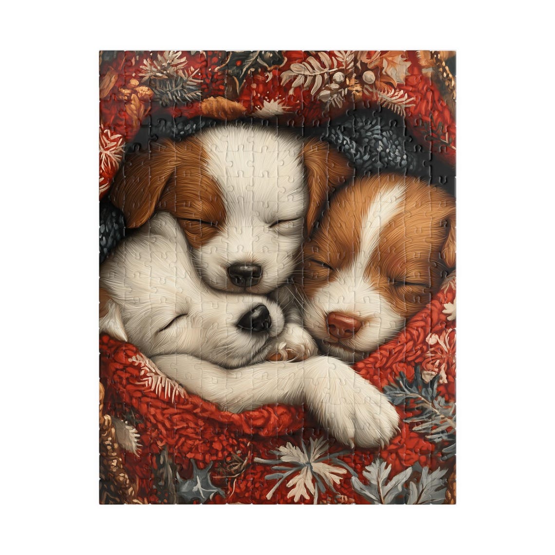 Three Sleeping Puppies in a Red Floral Blanket Cute Dog Art Poster - Image 5