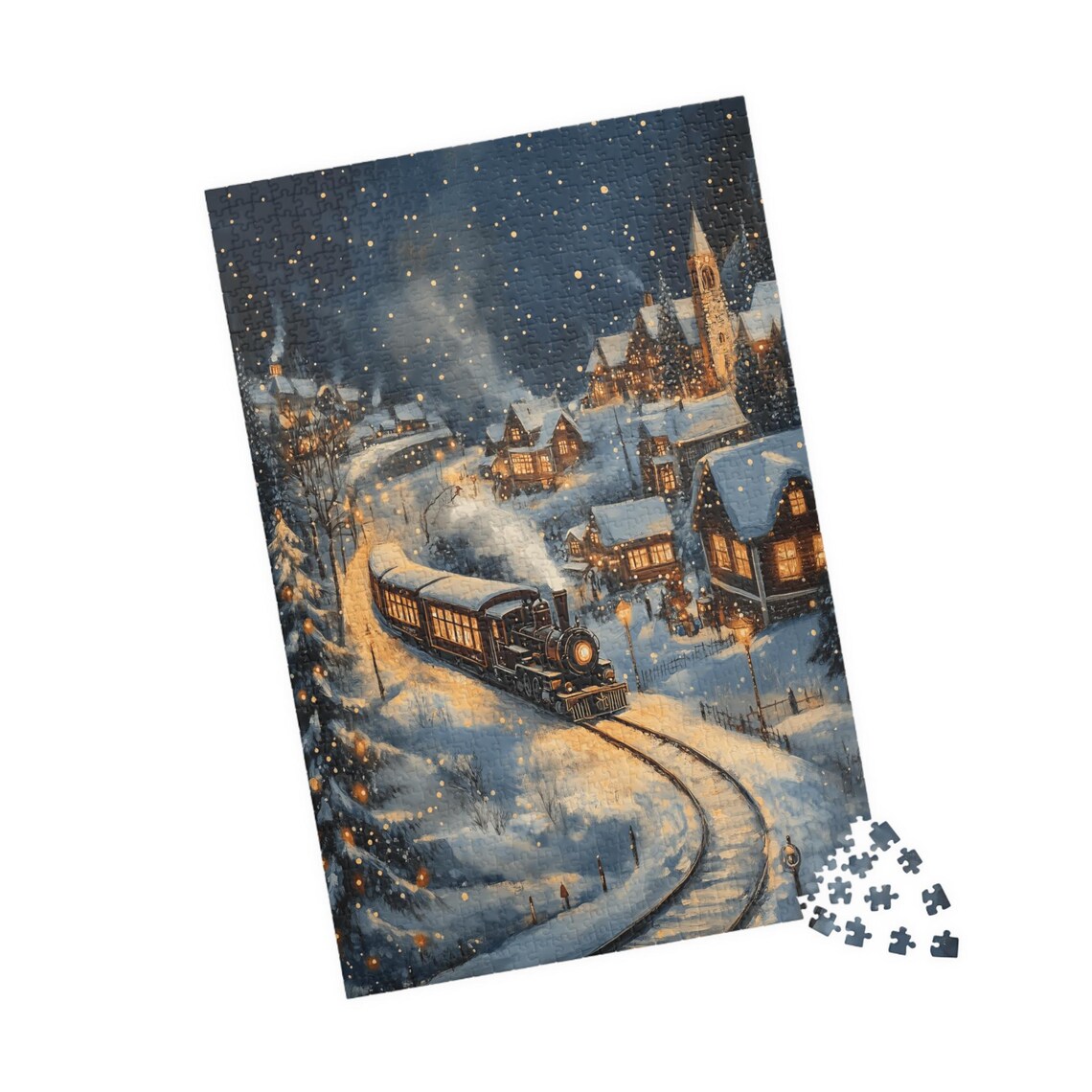 Steam Train Winding Through A Snowy Village At Night Art Poster - Image 4