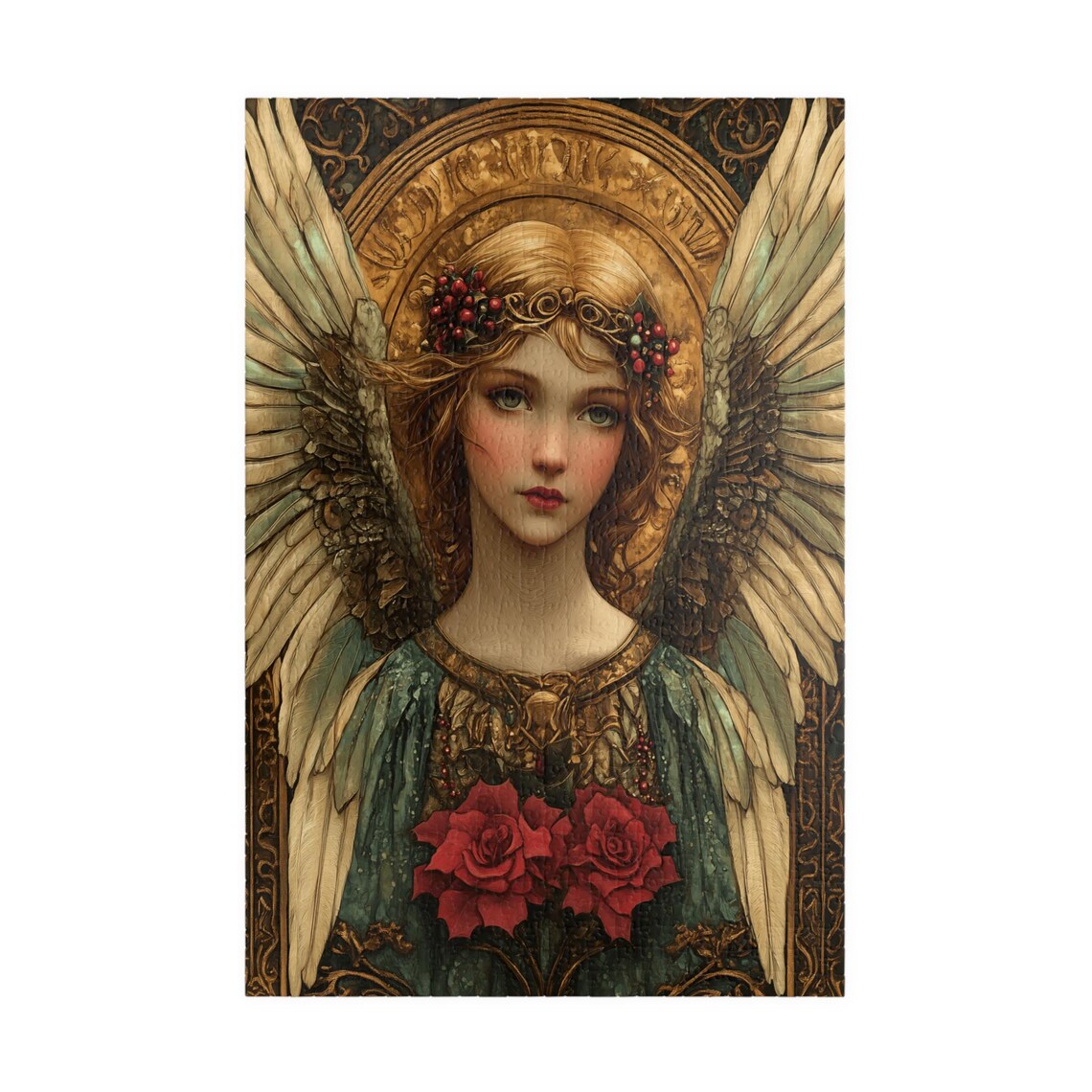 Golden Angel With Berry Crown Roses Fantasy Jigsaw Puzzle Print - Image 3