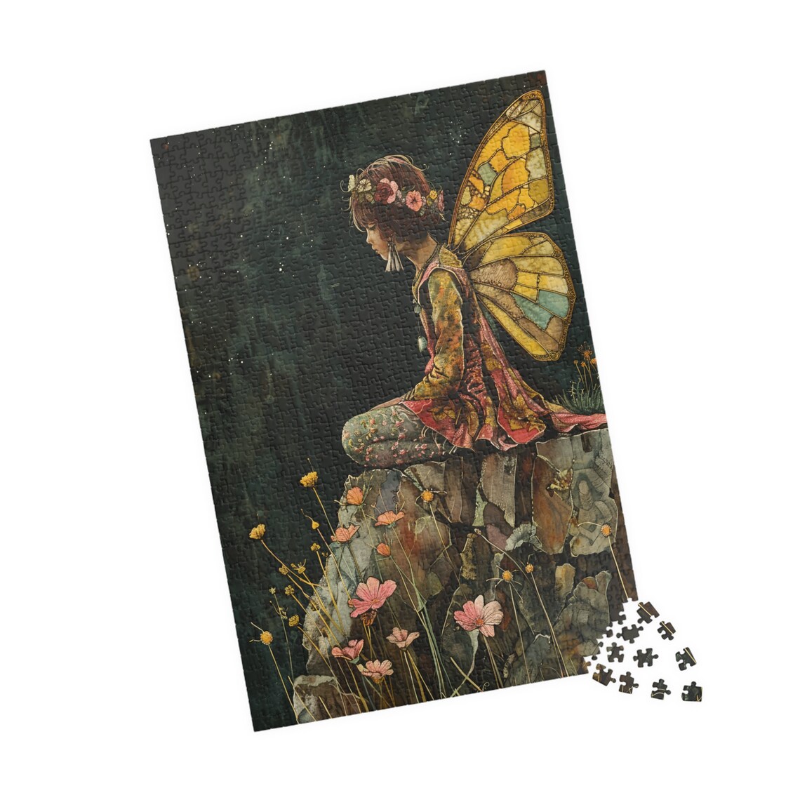 Night Butterfly Fairy Rocks Wildflowers Moody Fantasy Art Poster - Image 4