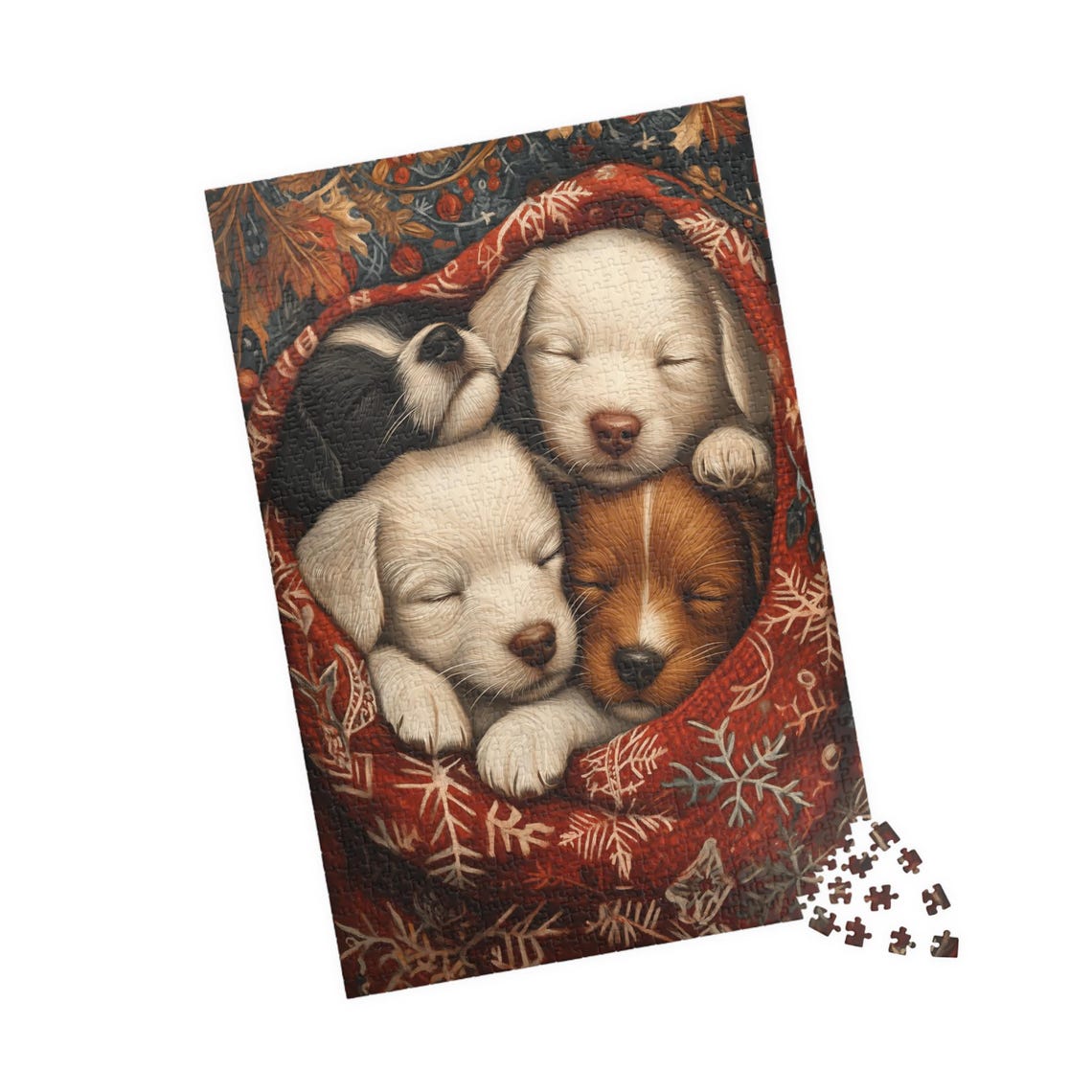 Four Sleeping Puppies in a Red Snowflake Blanket Cute Dog Art Poster - Image 4