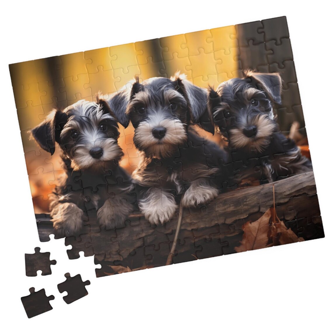 Three Salt and Pepper Schnauzer Puppies on a Log Autumn Poster