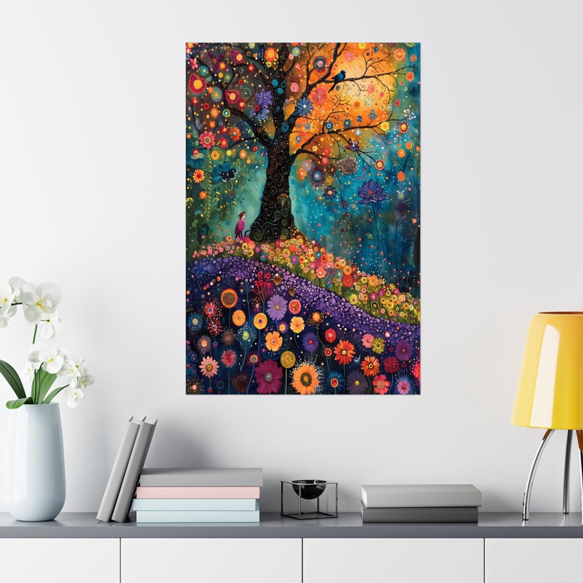 Colorful Tree of Life with Birds Over a Purple Meadow Poster - Image 5