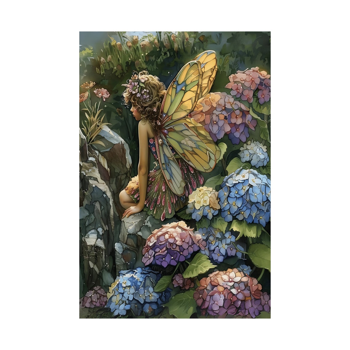 Fairy With Stained Glass Wings Among Hydrangeas Painting Poster - Image 3