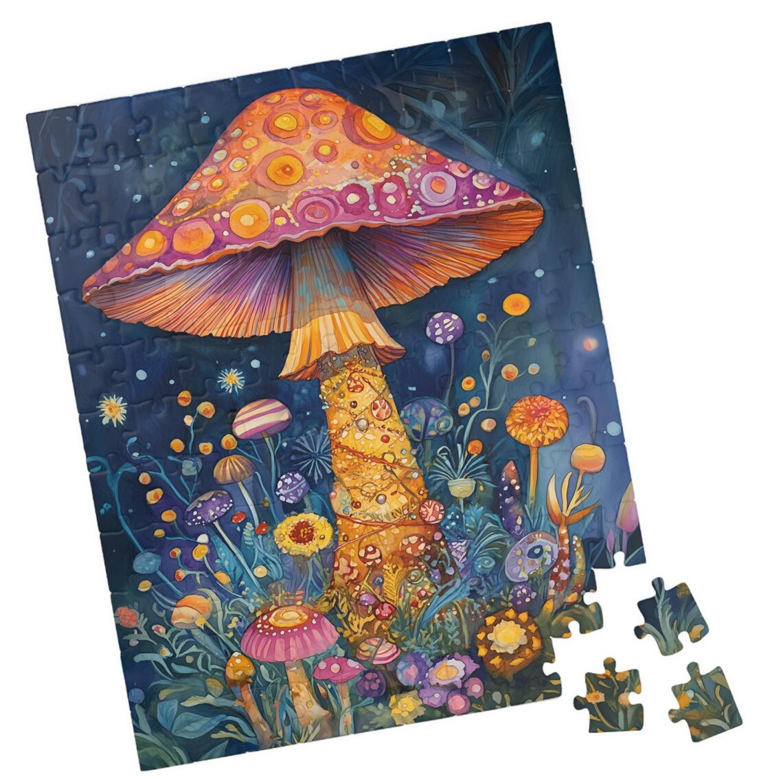 Giant Orange Mushroom Glowing In A Starry Night Wildflower Meadow Poster