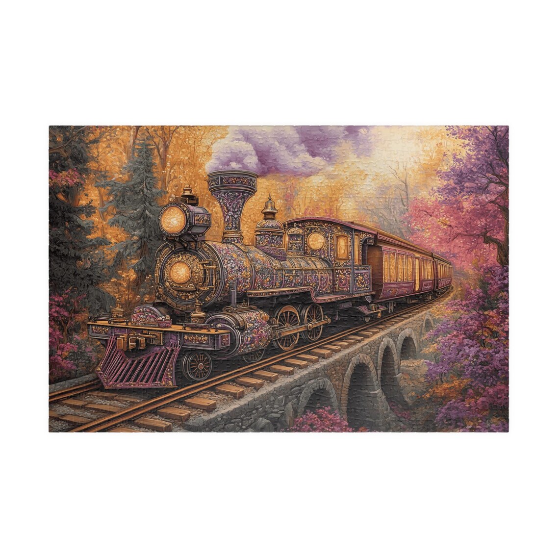 Ornate Fantasy Steam Train Crossing An Autumn Forest Bridge Poster - Image 3