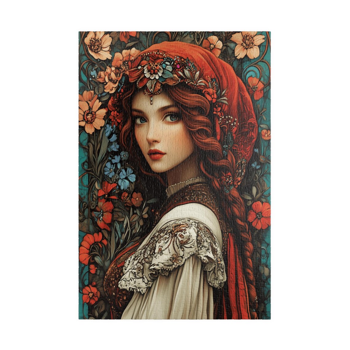 Beautiful Red Haired Gypsy Woman Floral Art Nouveau Style Poster - Image 3