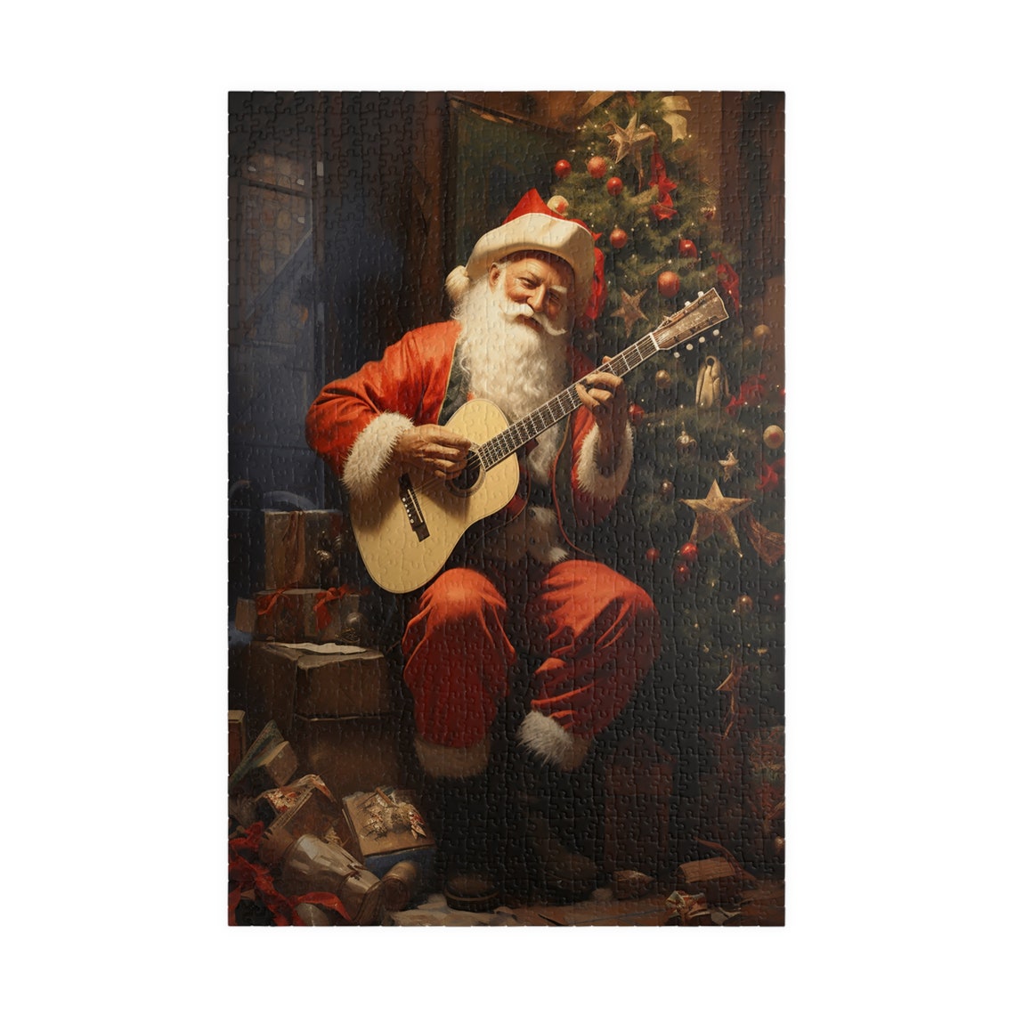 Festive Santa Claus Playing Guitar Beside Christmas Tree Art Poster - Image 3